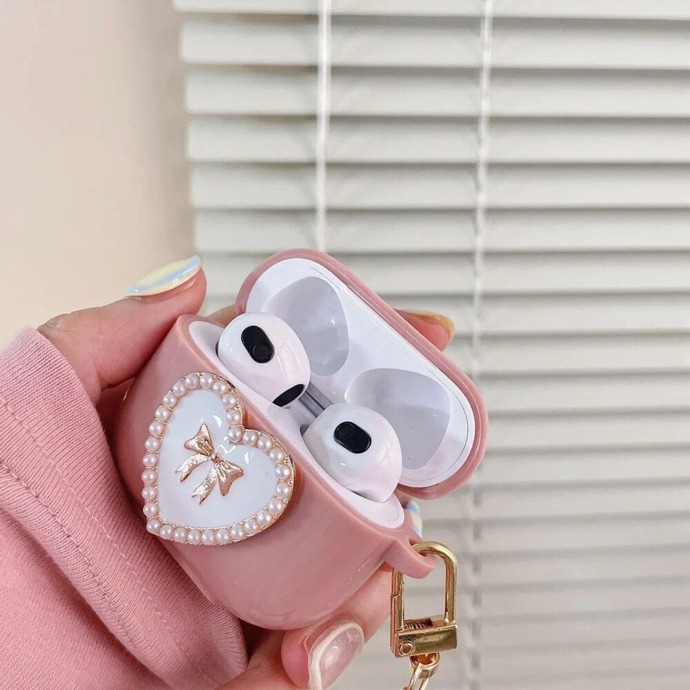 Pearl Heart Pink Tassel AirPods Case with Bowknot Keyring - Image 6