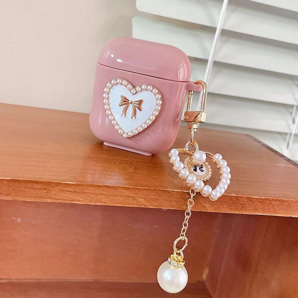 Pearl Heart Pink Tassel AirPods Case with Bowknot Keyring - Image 3
