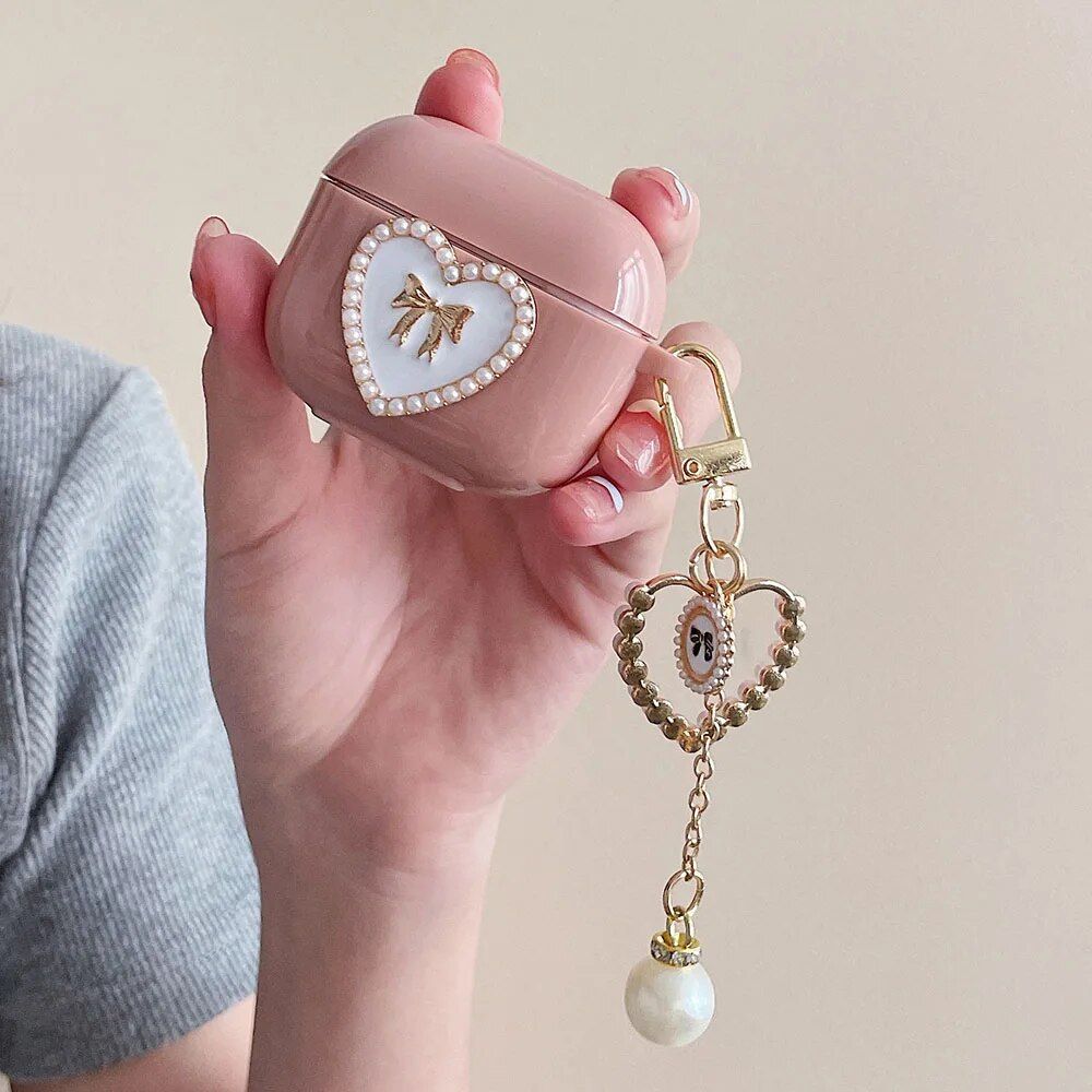 Pearl Heart Pink Tassel AirPods Case with Bowknot Keyring - Image 5