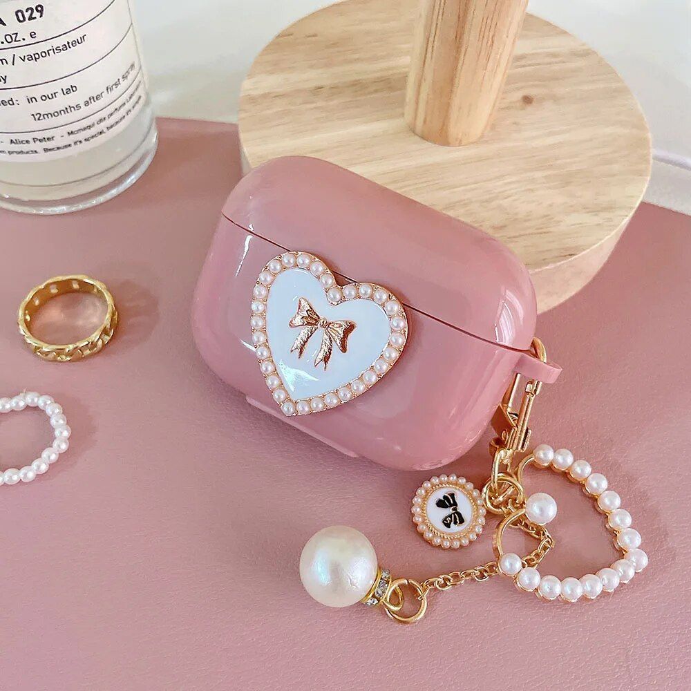 Pearl Heart Pink Tassel AirPods Case with Bowknot Keyring - Image 7