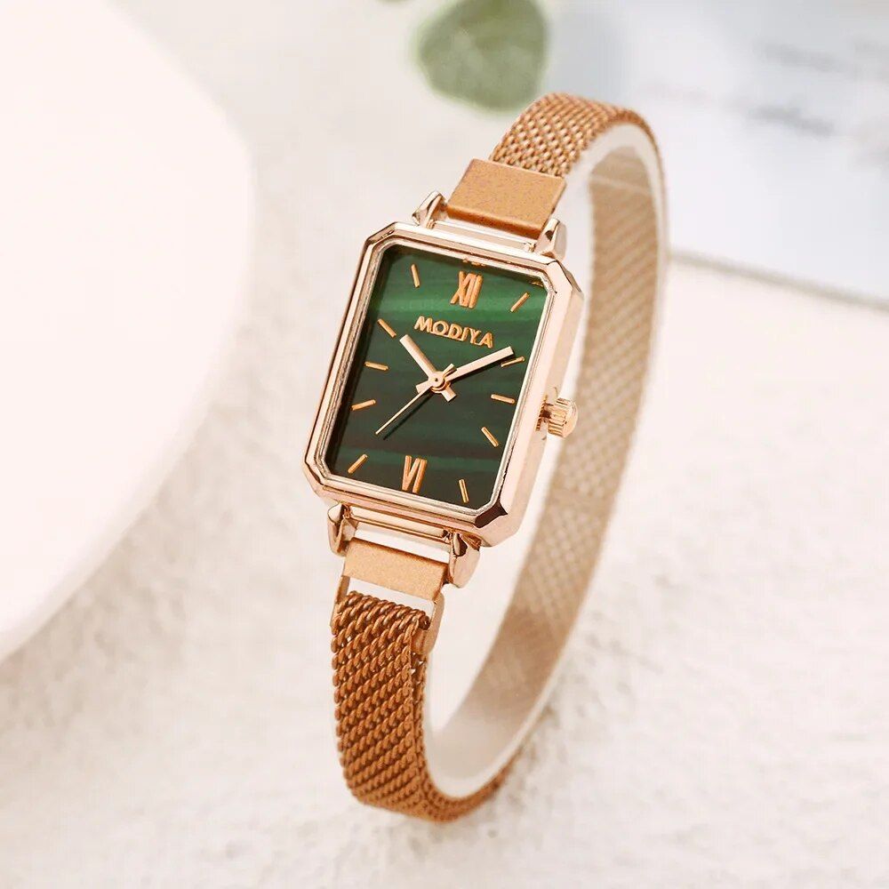 Elegant Square Dial Quartz Women's Watch with Magnetic Rose Gold Mesh Strap - Image 2