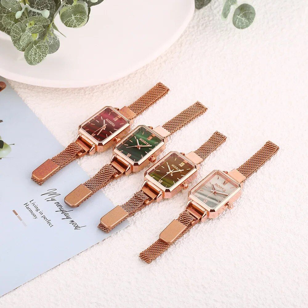 Elegant Square Dial Quartz Women's Watch with Magnetic Rose Gold Mesh Strap - Image 5