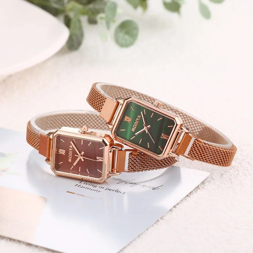 Elegant Square Dial Quartz Women's Watch with Magnetic Rose Gold Mesh Strap - Image 4