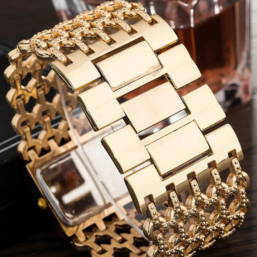Elegant Gold Square Diamond Quartz Watch for Women - Image 3
