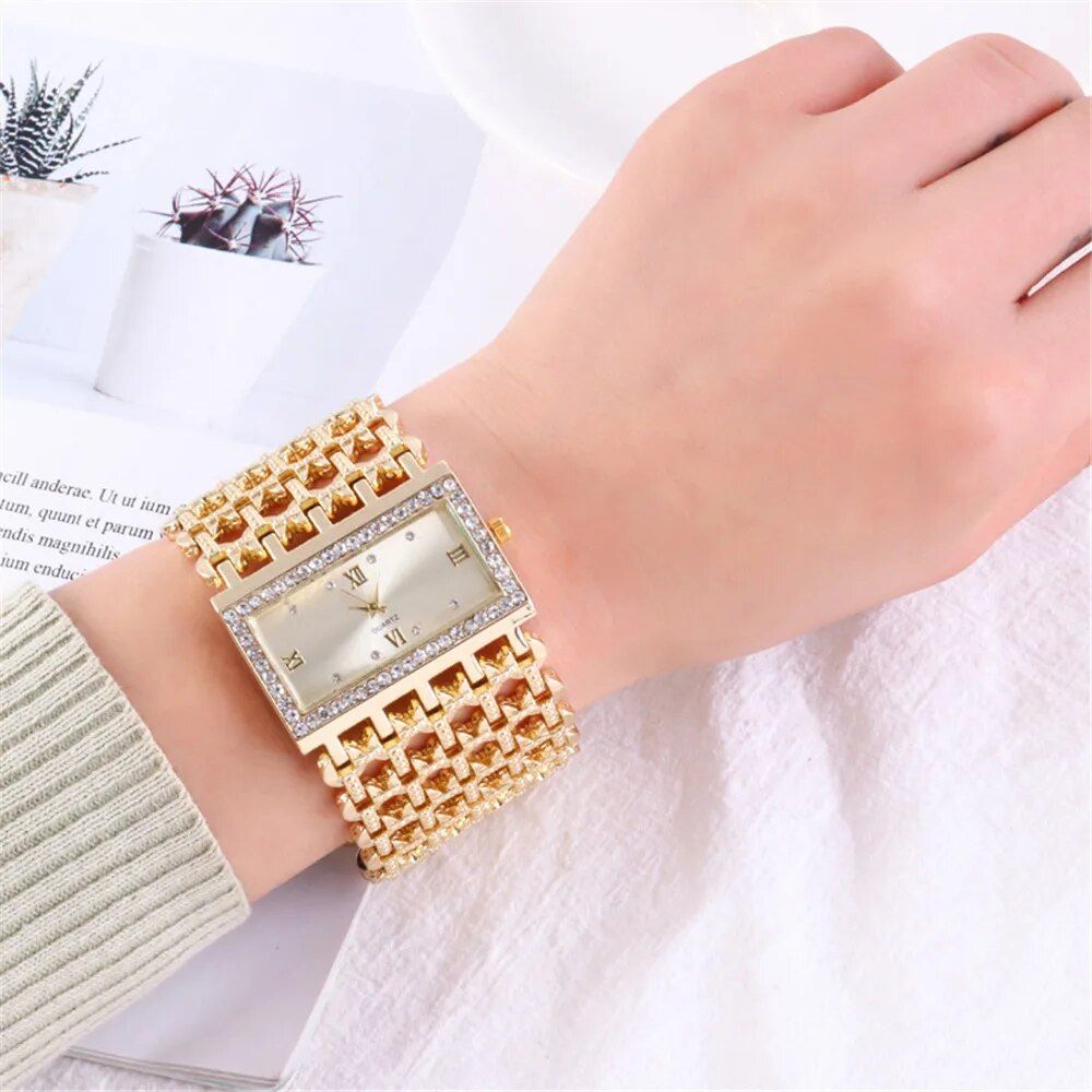 Elegant Gold Square Diamond Quartz Watch for Women - Image 5
