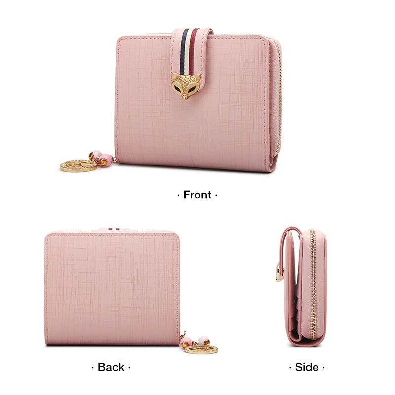Split Leather Short Wallet with Zipper & Pendant for Women - Image 5