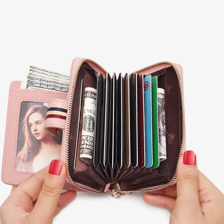 Split Leather Short Wallet with Zipper & Pendant for Women - Image 9