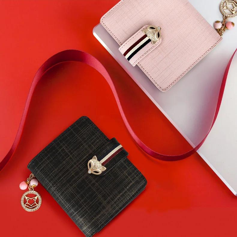 Split Leather Short Wallet with Zipper & Pendant for Women - Image 2