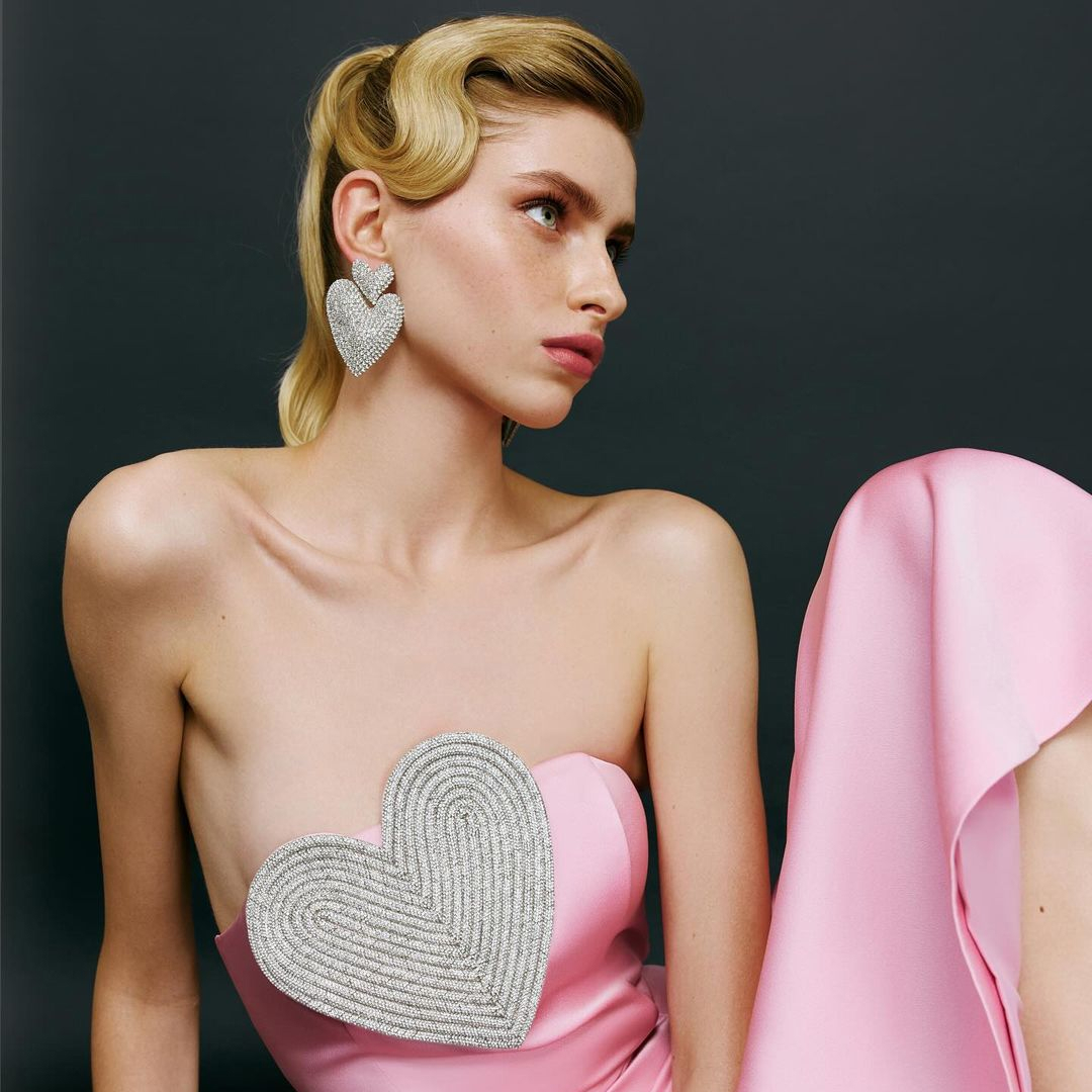 Pink Satin Sequin Strapless Maxi Evening Dress - Image 3