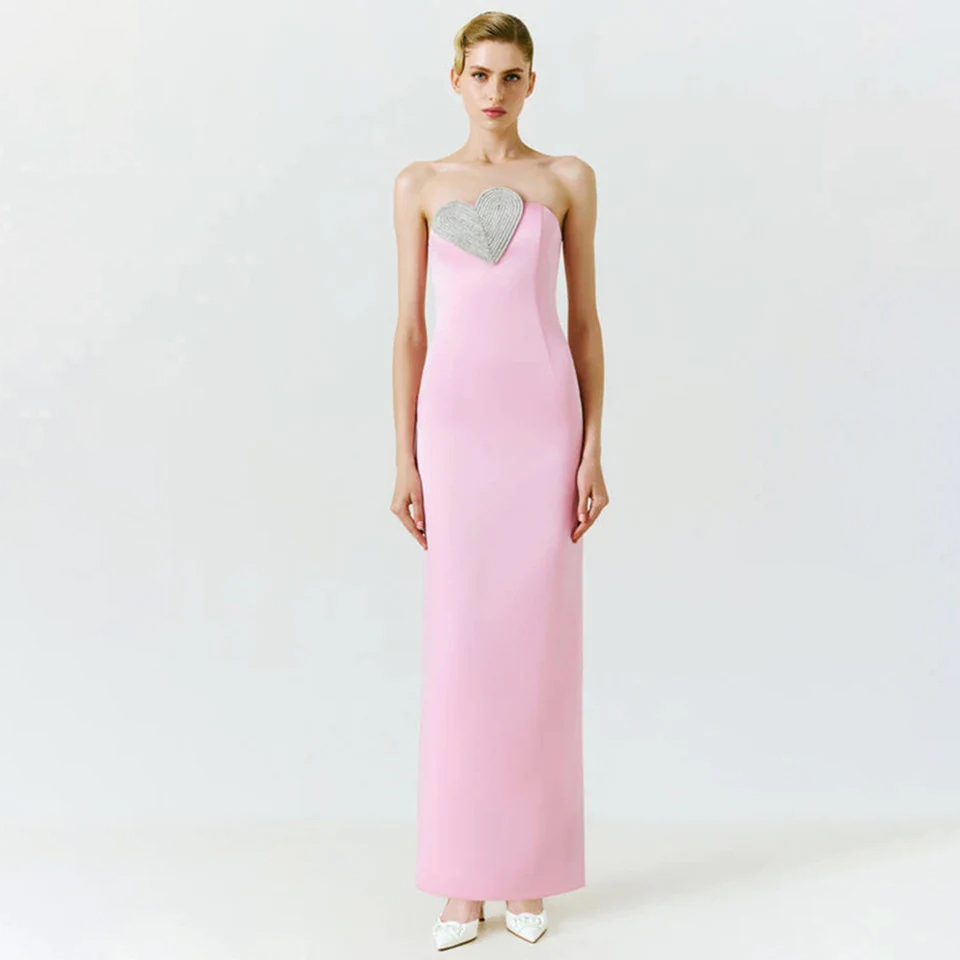Pink Satin Sequin Strapless Maxi Evening Dress - Image 4
