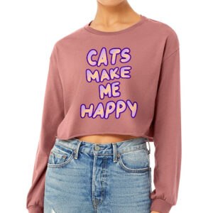 Cats Make Me Happy Cropped Long Sleeve T-Shirt - Cute Women's T-Shirt - Best Design Long Sleeve Tee