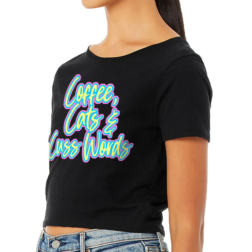 Cats Coffee Cuss Words Women's Cropped T-Shirt - Funny Crop Top - Trendy Cropped Tee - Image 3