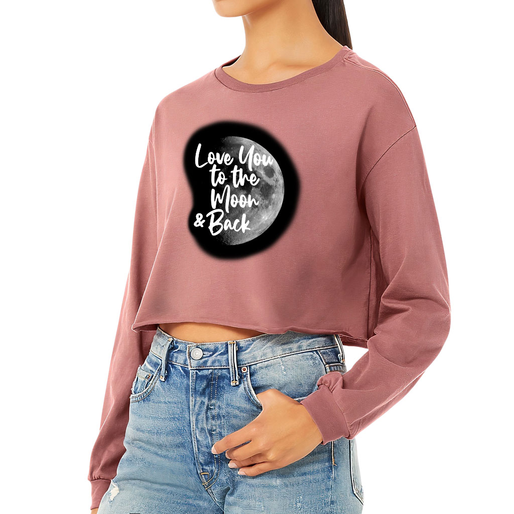 Love You to the Moon and Back Cropped Long Sleeve T-Shirt - Moon Graphic Women's T-Shirt - Cool Trendy Long Sleeve Tee - Image 3