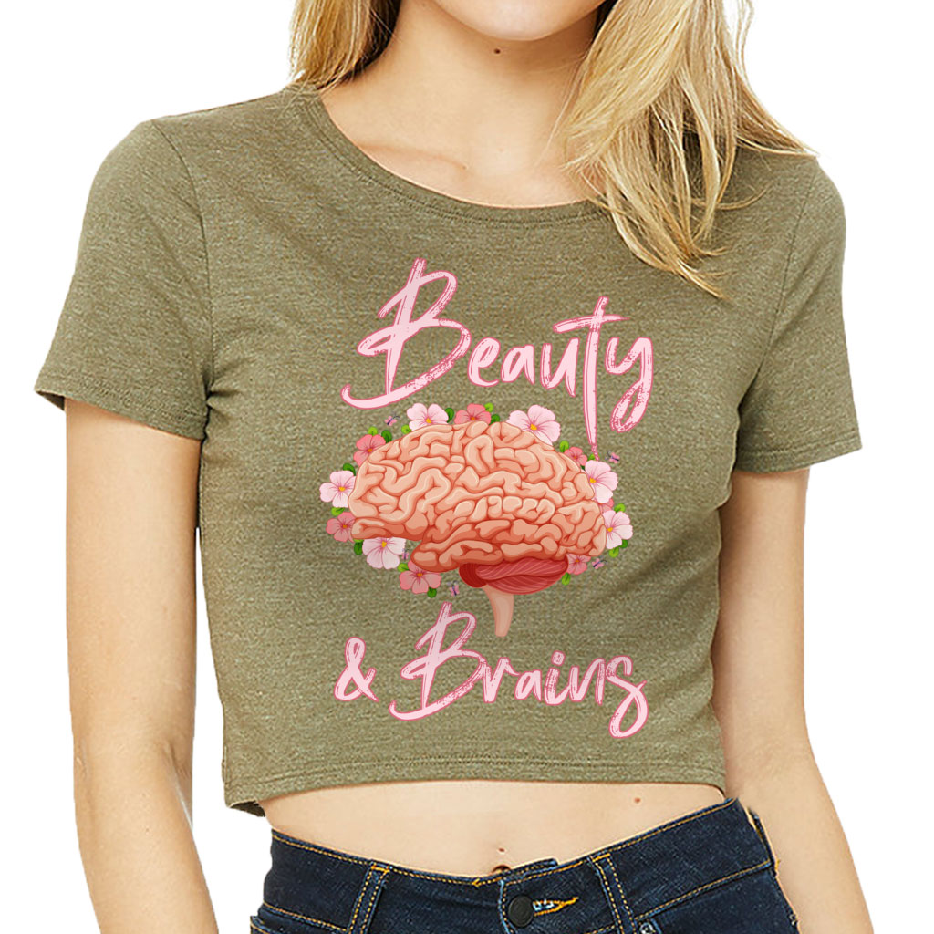 Beauty and Brains Women's Cropped T-Shirt - Floral Crop Top - Illustration Cropped Tee