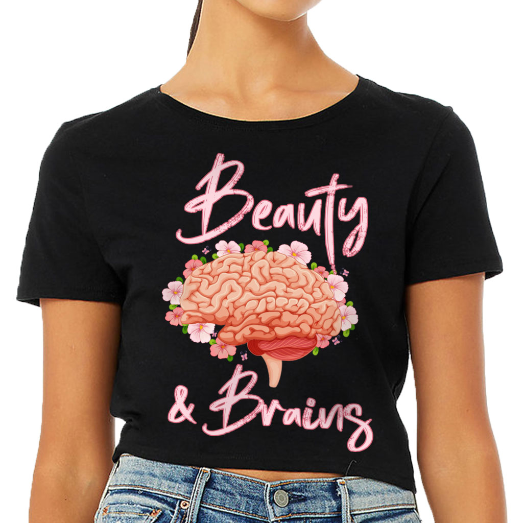 Beauty and Brains Women's Cropped T-Shirt - Floral Crop Top - Illustration Cropped Tee - Image 2