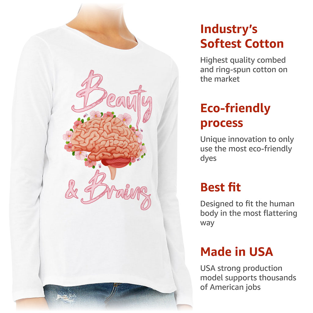 Beauty and Brains Women's Long Sleeve T-Shirt - Floral Long Sleeve Tee - Illustration T-Shirt - Image 6