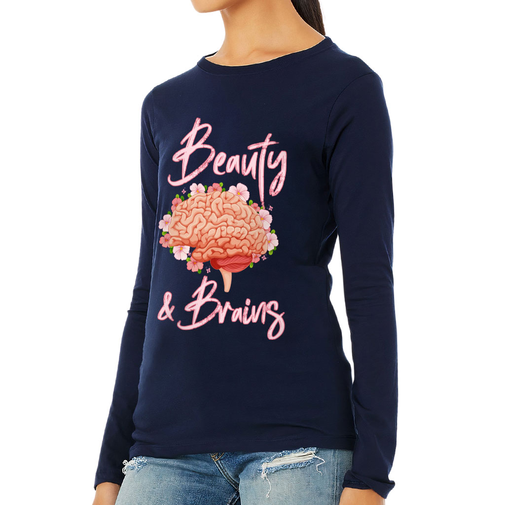Beauty and Brains Women's Long Sleeve T-Shirt - Floral Long Sleeve Tee - Illustration T-Shirt - Image 3