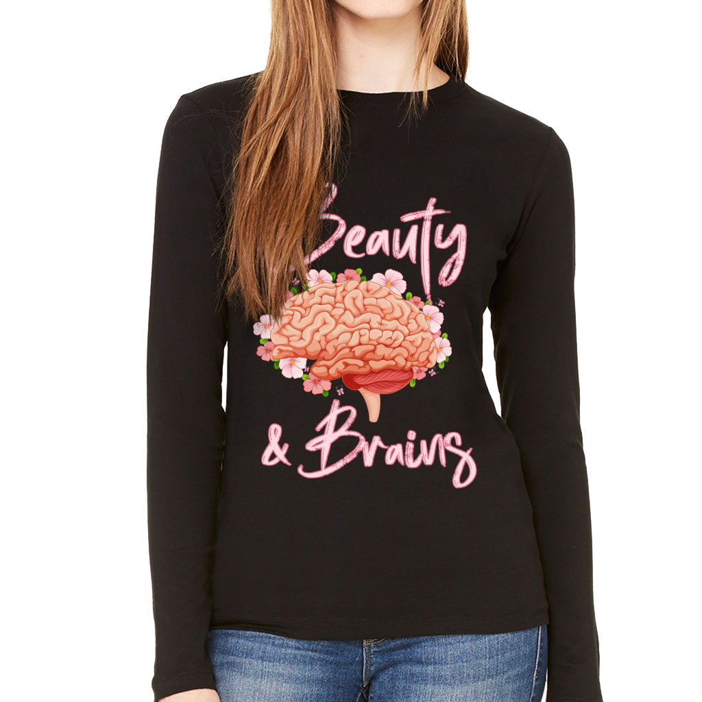Beauty and Brains Women's Long Sleeve T-Shirt - Floral Long Sleeve Tee - Illustration T-Shirt