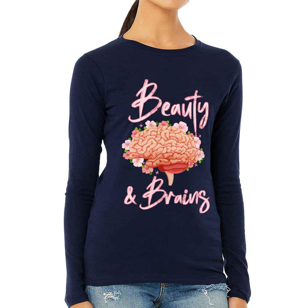 Beauty and Brains Women's Long Sleeve T-Shirt - Floral Long Sleeve Tee - Illustration T-Shirt - Image 2
