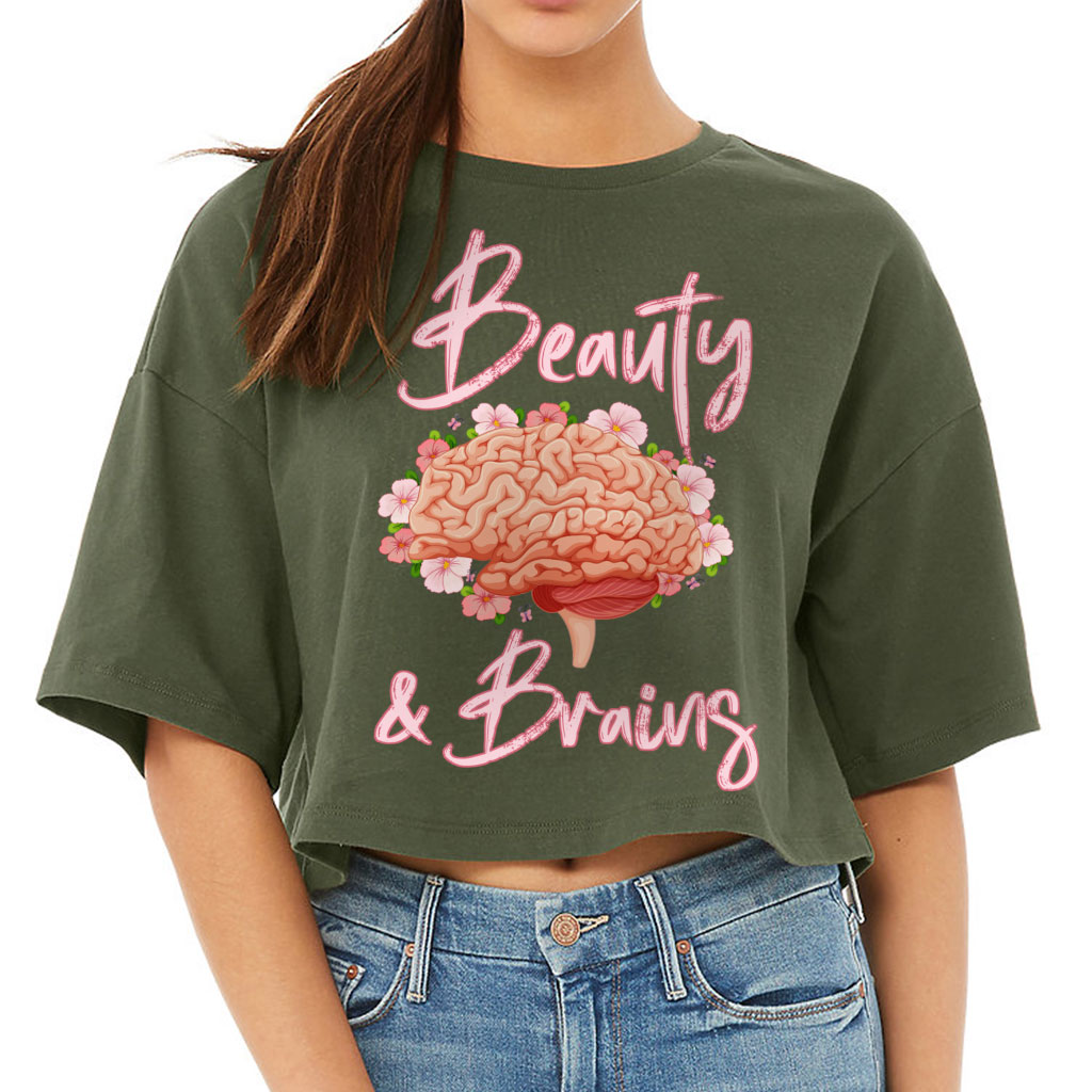 Beauty and Brains Women's Crop Tee Shirt - Floral Cropped T-Shirt - Illustration Crop Top