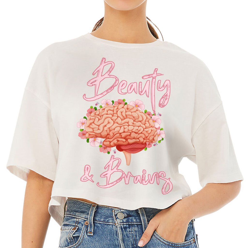 Beauty and Brains Women's Crop Tee Shirt - Floral Cropped T-Shirt - Illustration Crop Top - Image 2