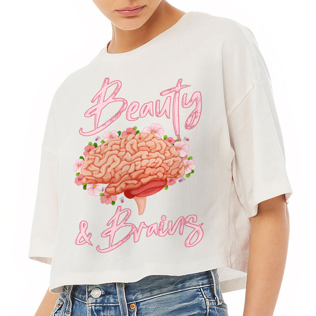Beauty and Brains Women's Crop Tee Shirt - Floral Cropped T-Shirt - Illustration Crop Top - Image 3