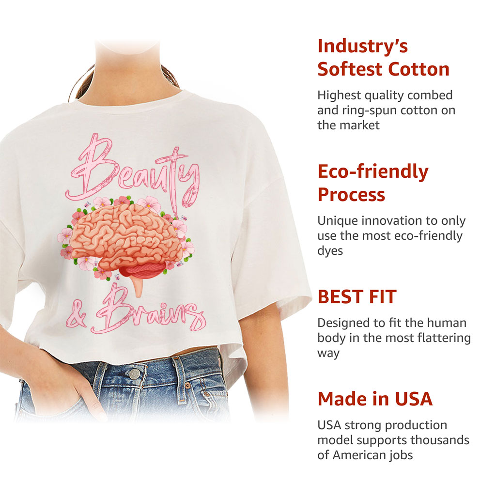 Beauty and Brains Women's Crop Tee Shirt - Floral Cropped T-Shirt - Illustration Crop Top - Image 6