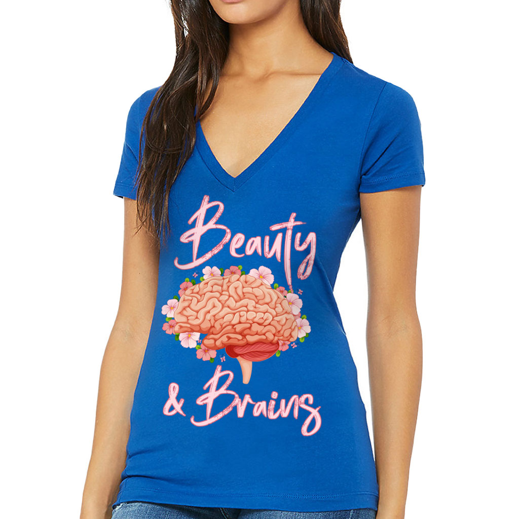 Beauty and Brains Women's V-Neck T-Shirt - Floral V-Neck Tee - Illustration T-Shirt - Image 3