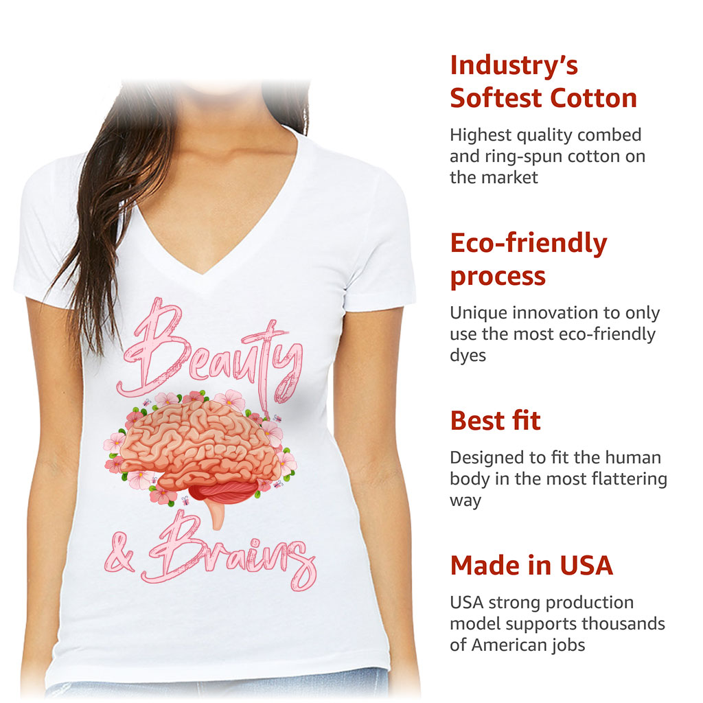 Beauty and Brains Women's V-Neck T-Shirt - Floral V-Neck Tee - Illustration T-Shirt - Image 6