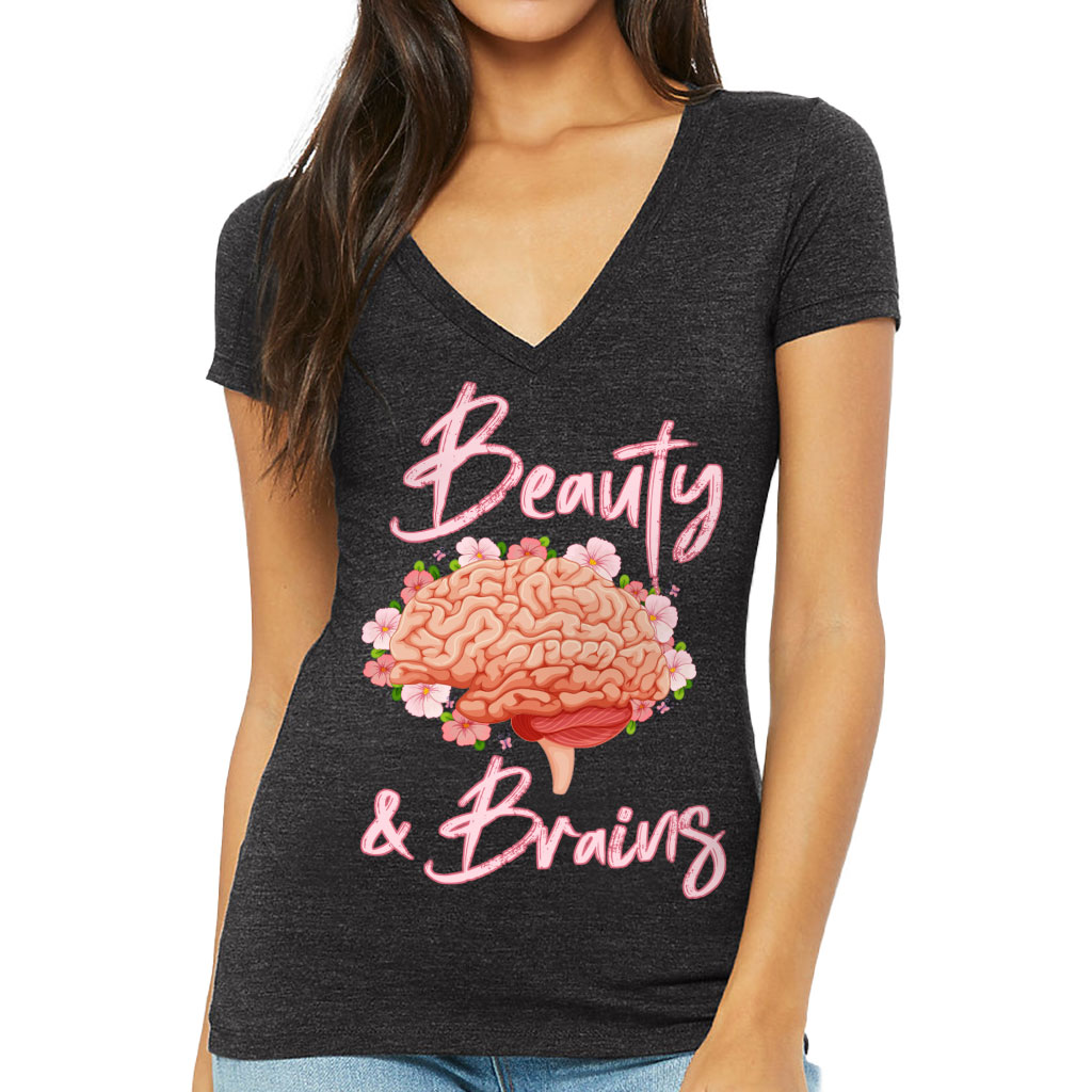 Beauty and Brains Women's V-Neck T-Shirt - Floral V-Neck Tee - Illustration T-Shirt