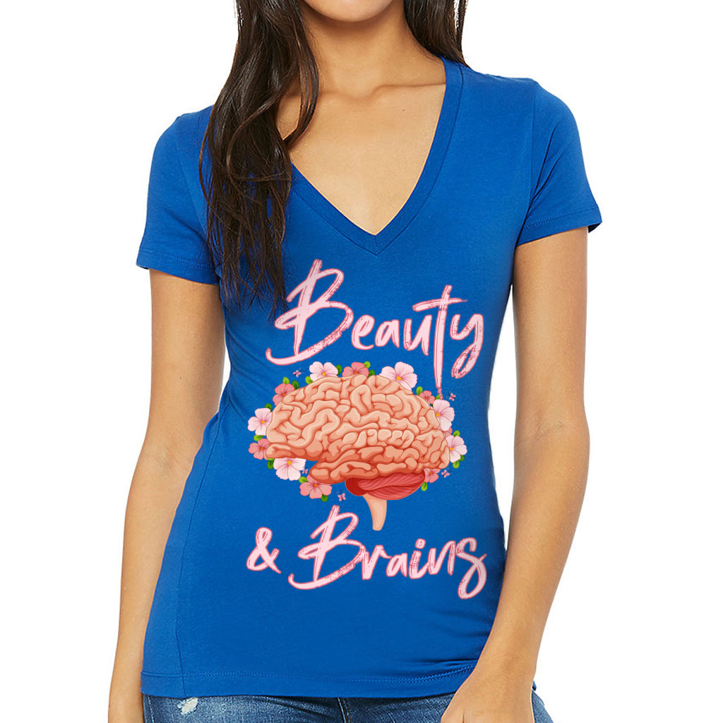 Beauty and Brains Women's V-Neck T-Shirt - Floral V-Neck Tee - Illustration T-Shirt - Image 2