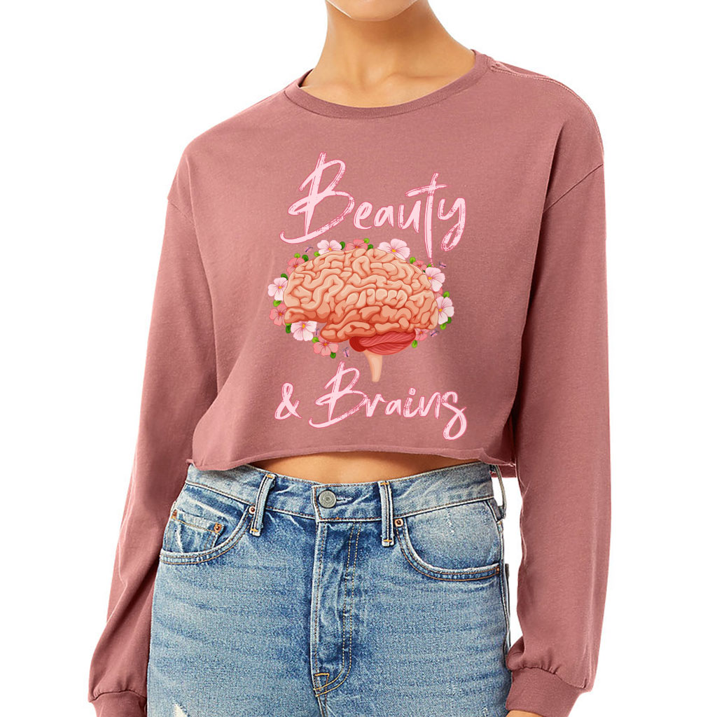 Beauty and Brains Cropped Long Sleeve T-Shirt - Floral Women's T-Shirt - Illustration Long Sleeve Tee - Image 2
