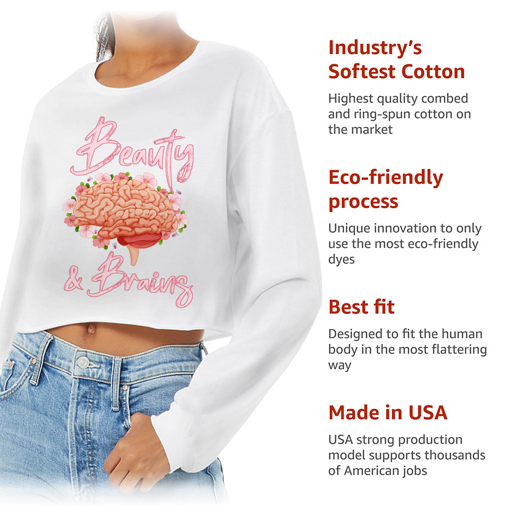 Beauty and Brains Cropped Long Sleeve T-Shirt - Floral Women's T-Shirt - Illustration Long Sleeve Tee - Image 6