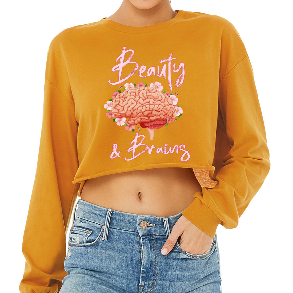 Beauty and Brains Cropped Long Sleeve T-Shirt - Floral Women's T-Shirt - Illustration Long Sleeve Tee