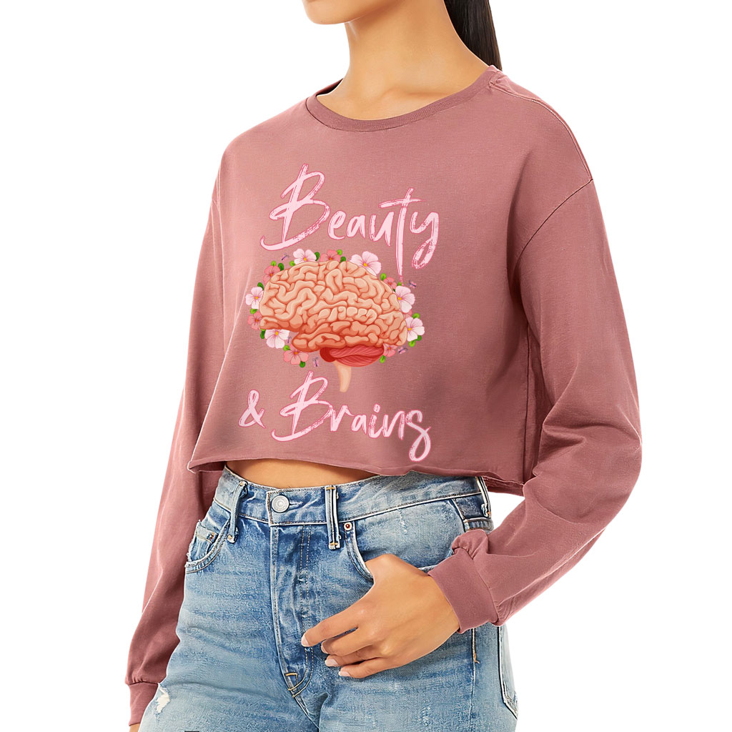 Beauty and Brains Cropped Long Sleeve T-Shirt - Floral Women's T-Shirt - Illustration Long Sleeve Tee - Image 3
