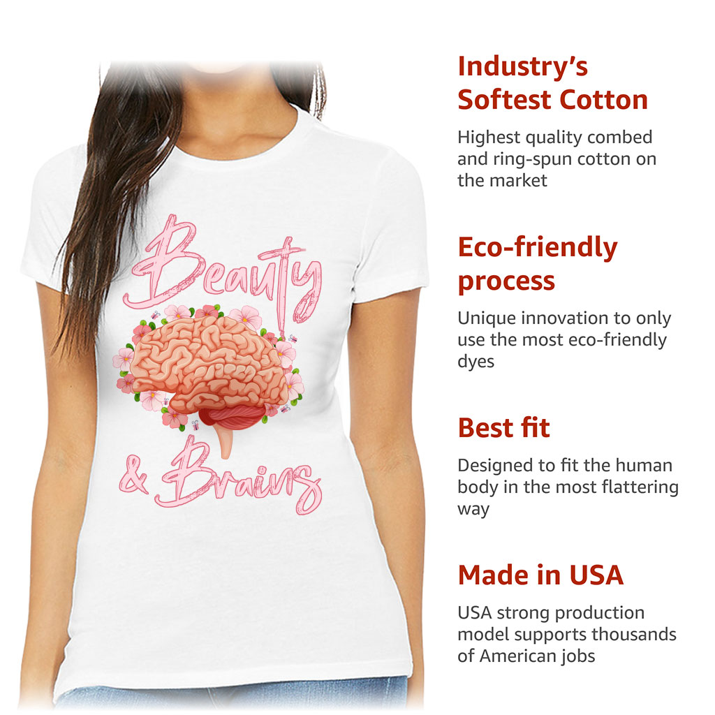 Beauty and Brains Slim Fit T-Shirt - Floral Women's T-Shirt - Illustration Slim Fit Tee - Image 6