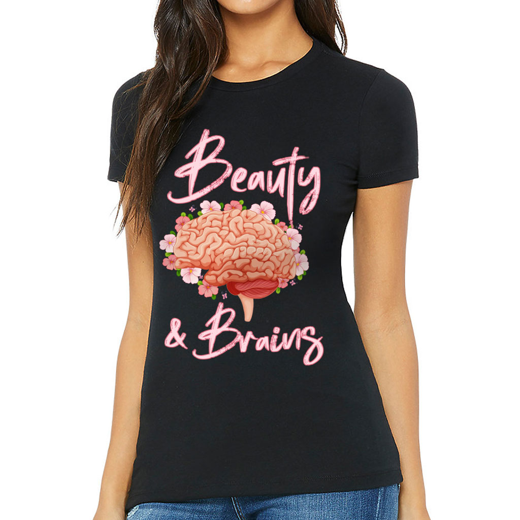 Beauty and Brains Slim Fit T-Shirt - Floral Women's T-Shirt - Illustration Slim Fit Tee
