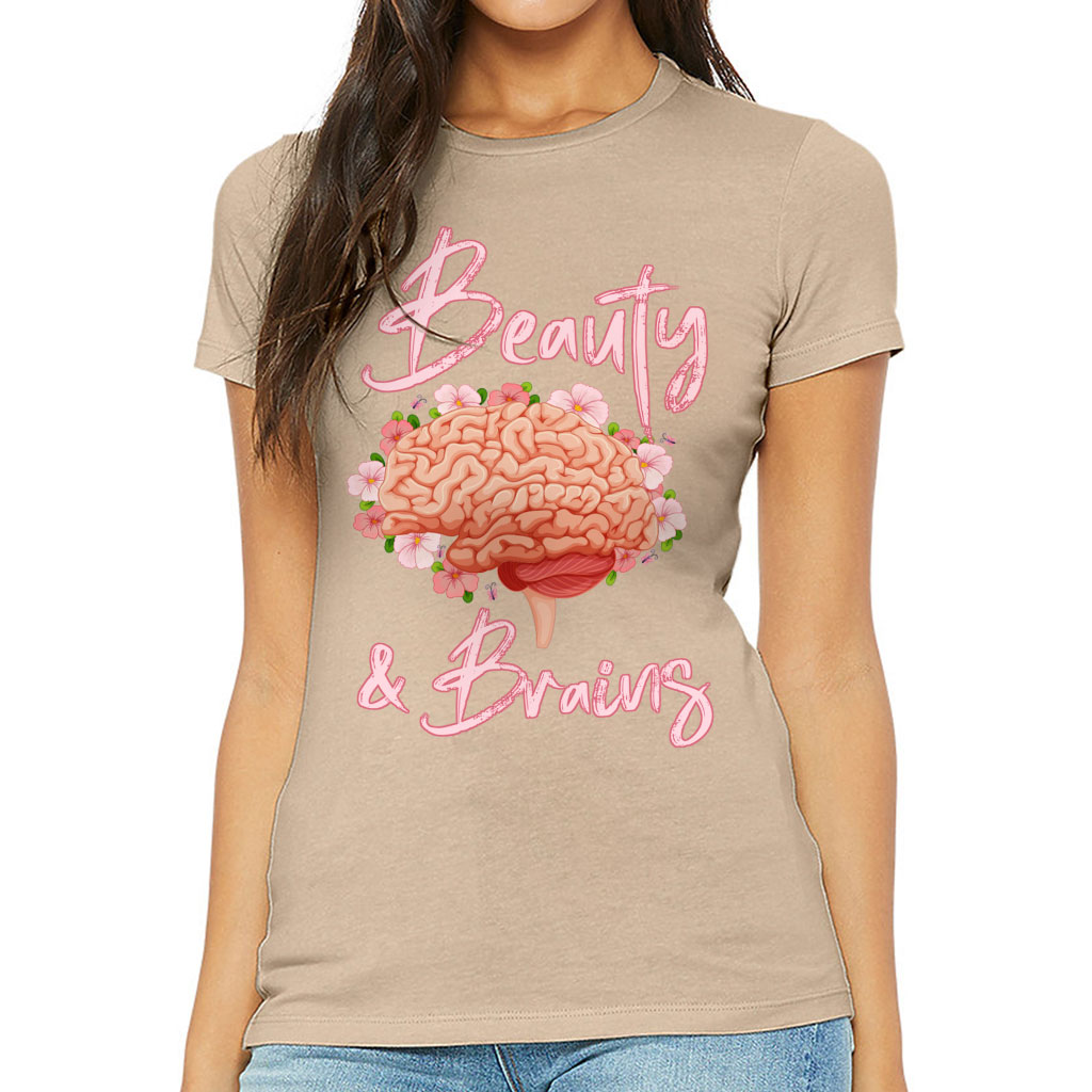 Beauty and Brains Slim Fit T-Shirt - Floral Women's T-Shirt - Illustration Slim Fit Tee - Image 2