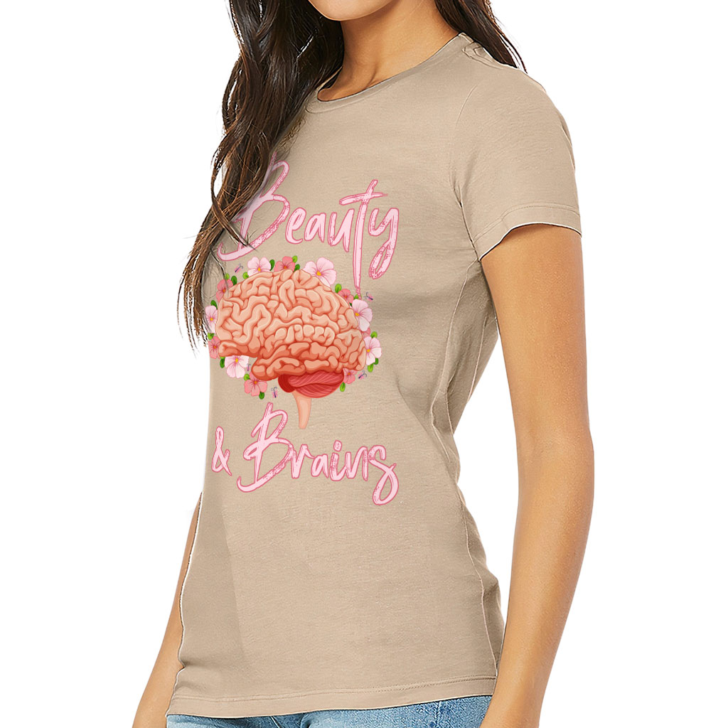 Beauty and Brains Slim Fit T-Shirt - Floral Women's T-Shirt - Illustration Slim Fit Tee - Image 3