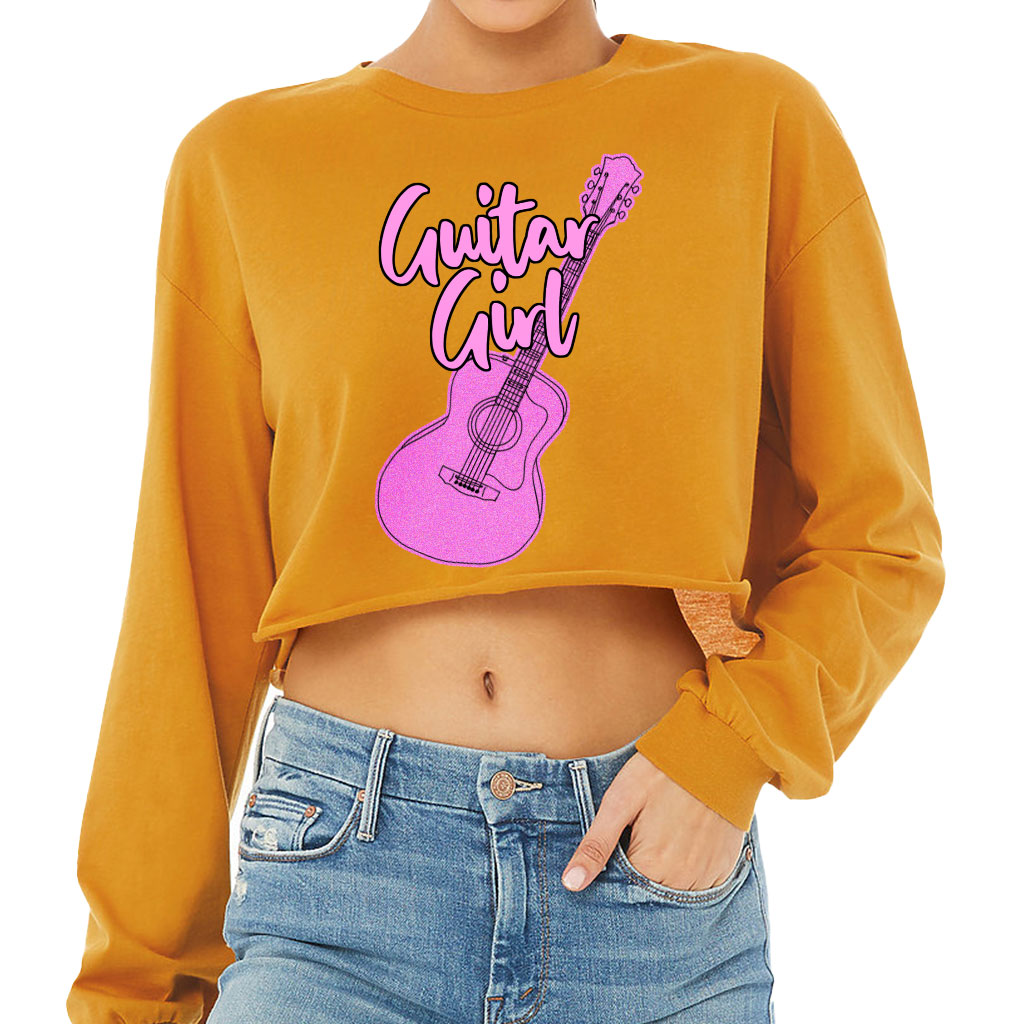 Guitar Design Cropped Long Sleeve T-Shirt - Graphic Women's T-Shirt - Cute Long Sleeve Tee