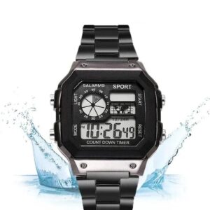 Stainless Steel Digital Sports Watch: Waterproof, Multifunctional LED Wristwatch for Men