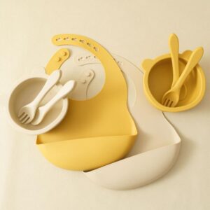 Silicone Baby Dinnerware Set with Adjustable Bib and Cartoon Bowl