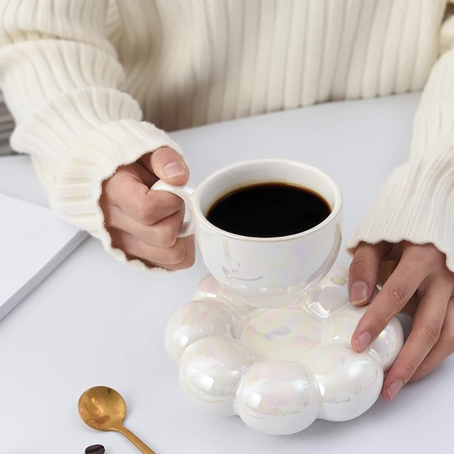Flower-Shaped Ceramic Cappuccino Coffee Cup and Saucer Set - Image 4