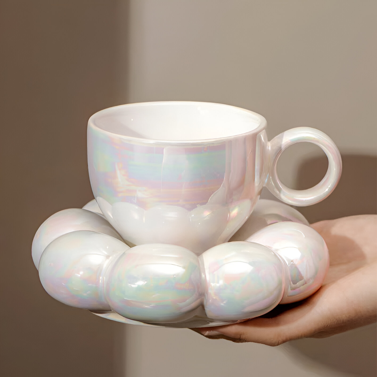 Flower-Shaped Ceramic Cappuccino Coffee Cup and Saucer Set - Image 2